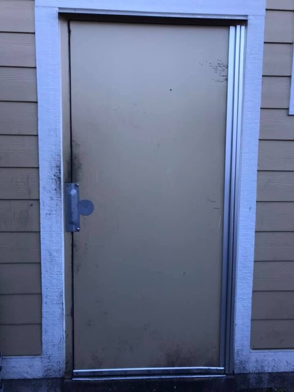 The repaired this door by installing a new continuous hinge. The repaired this door by installing a new continuous hinge.