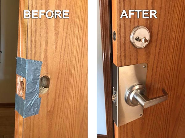 Before and after of a door badly damaged by a break-in attempt. Before and after of a door badly damaged by a break-in attempt.