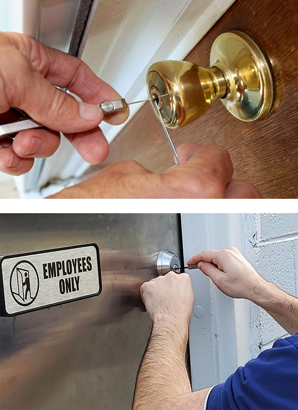 residential doorknob lock and commercial deadbolt lock being unlocked with lock pick tools residential doorknob lock and commercial deadbolt lock being unlocked with lock pick tools