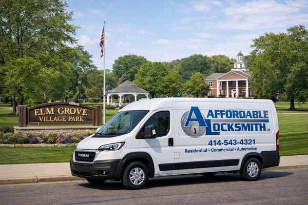 The Affordable Locksmith van parked in front of Elm Grove Village Park in Elm Grove, WI.