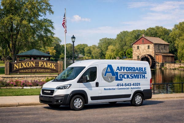 The Affordable Locksmith van parked in front of Nixon Park in Hartland, WI.