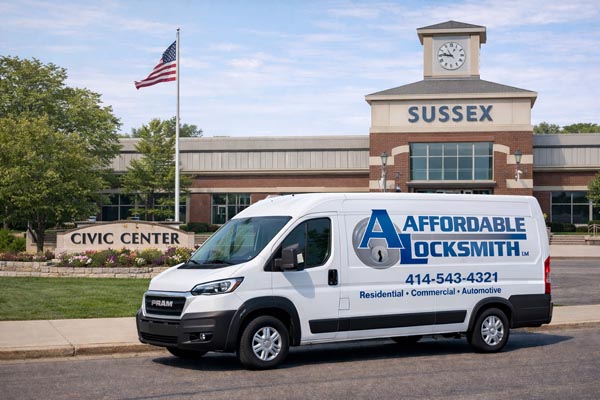 The Affordable Locksmith van parked in front of the Sussex Civic Center.