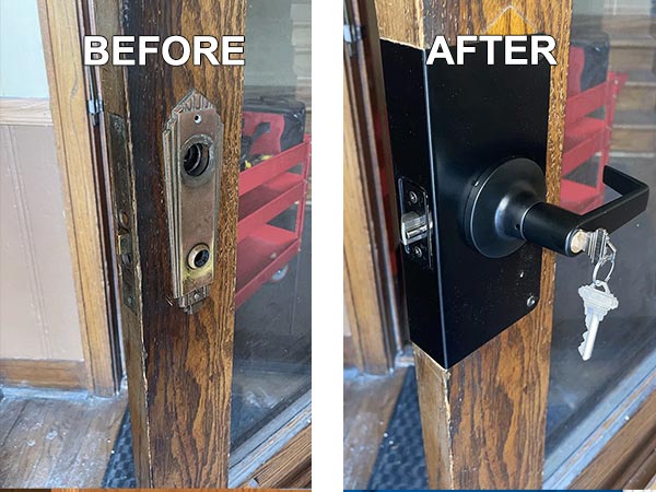 Door modernization before and after: original doorknob and lock replaced with new handle and wrap plate