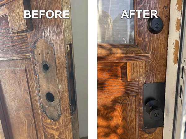 Door modernization before and after: New doorknob lock and deadbolt installed on 100 year old door